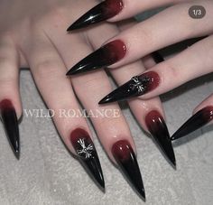 Red And Black Vampire Nails, Black Gothic Nail Designs, Vampiric Nails, Black Nails With Red French Tip, Gothic Red Nails, Black Red Nails Design, Red Gothic Nails, Vampire Nails Designs, Romantic Goth Nails