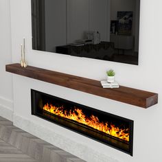 a fireplace with a mirror above it that is reflecting the fire and flames in the room