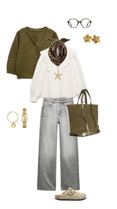 pull kaki, blouse blanche, jean gris, sac vanessa bruno, bijoux, foulard léopard, lunette, birk Outfit Pull Beige, Spring Fashion Trends 2025, Sac Vanessa Bruno, Winter Teacher Outfits, Copenhagen Style, Fire Fits, Vanessa Bruno, Stockholm Fashion