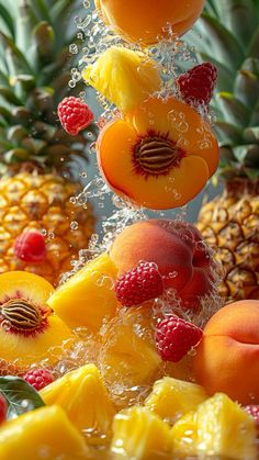 fruit falling into water with pineapples and raspberries in the background