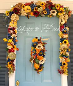 a blue door decorated with flowers and the words website & decor on it's side