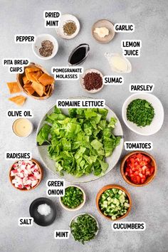 the ingredients to make this salad are shown in bowls and labeled with their corresponding names