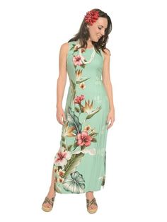 Royal Hawaiian Creations Tropical Flowers Teal Rayon Hawaiian Piping Neck Slit Long Dress | AlohaOutlet Hawaiian Print Dress, Aloha Dress, Hawaiian Fashion, Hawaiian Dresses, Tropical Outfit, Wedding Party Bridesmaid, Hawaiian Designs, Hawaiian Christmas, Hawaii Outfits