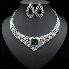 Green Crystal Jewelry Sets For Formal Occasions, Green Cubic Zirconia Jewelry Sets For Weddings, Green Cubic Zirconia Jewelry Sets With Matching Earrings, Green Cubic Zirconia Necklaces With Matching Earrings, Green Cubic Zirconia Necklace With Matching Earrings, Green Crystal Jewelry With Matching Earrings, Cubic Zirconia Jewelry Set With Matching Earrings, Hand Set Green Jewelry Sets For Anniversary, Green Cubic Zirconia Hand Set Jewelry