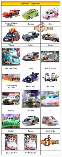 the cars are all different colors and sizes in this game info sheet for each car