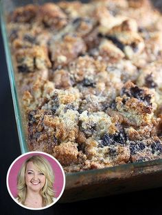 a close up of a casserole in a pan with a woman's face next to it