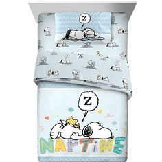 snoopy bedding set with the number one on it and cartoon characters in blue