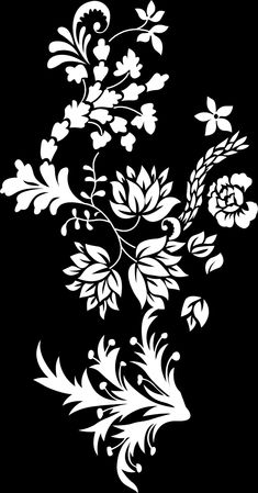 a black and white drawing of flowers on a black background