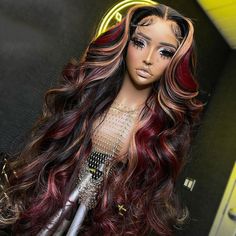 SULMY Burgundy With Blonde Highlights Wavy Wigs 100% Human Hair Red Highlights Wig, Blonde Red Highlights, Imvu Wigs, Pelo Color Borgoña, Blonde With Red Highlights, Wigs Ideas, Frontal Wig Body Wave, Body Wave Lace Front Wig, Red Blonde