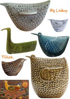 four different types of ceramic birds on display