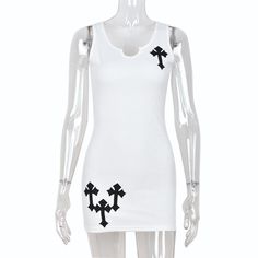 Cross Printed White Mini Dress for Women Sleeveless V-neck Basic Tank Dress Y2k Streetwear Outfits Party Bodycon Dresses White Tank Top For Club And Spring Season, White Tank Top For Club In Spring, White Tank Top For Club Spring Season, White Tank Top For Club, Spring Season, Y2k Style Sleeveless Bodycon Dress For Club, Spring V-neck Tank Top For Club, Spring Club Tank Top V-neck, Spring Club V-neck Tank Top, Fitted Sleeveless Y2k Bodycon Dress