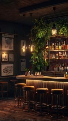 a dimly lit bar with stools and plants