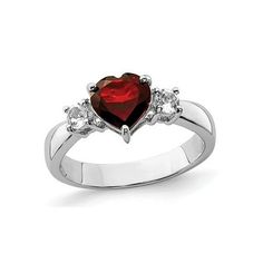 A heart shaped rich red garnet 1.20 carat (ctw) is supported on both sides by white topaz gems in a polished rhodium plated sterling silver foundation bringing this promise ring with the featured January birthstone to life. 1.40 Carat (ctw) Garnet and White Topaz Ring in Sterling Silver Size: 7.  Gender: female.  Age Group: adult. January Birthstone, Red Garnet, Topaz Ring, White Topaz, Promise Ring, Promise Rings, A Heart, Rhodium Plated, Women Rings