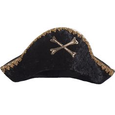 a black pirate hat with gold trim and crossbones on the front, isolated against a white background