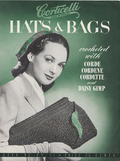 an advertisement for hats and bags featuring a woman in a suit holding a purse with green trim