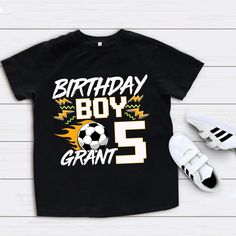 Personalized Birthday Boy Soccer T-Shirt, Custom Age Birthday Shirt, Soccer Birthday T-Shirt, Sports Birthday Shirt, Birthday Boy Shirt - Stay class and unique with custom 100% cotton and heavyweight t-shirt. The print on demand t-shirt is designed with a crew neckline, short-sleeves for comfort and taped necks, double-needle sleeve for durability. It's a good choice for both men and women. - 6.1-ounce, 100% cotton - Double-needle neck, sleeves, and hem; roomy unisex fit. - Printing technique: D Black Team Spirit Tops For Birthday, Black Team Spirit T-shirt For Birthday, Black Letter Print T-shirt For Birthday Gift, Team Spirit Birthday T-shirt With Name Print, Sporty T-shirt With Team Name For Birthday, Black Graphic Tee For Birthday, Crew Neck Shirt With Number Print For Birthday, Black Letter Print T-shirt For Birthday, Number Print Crew Neck Shirt For Birthday