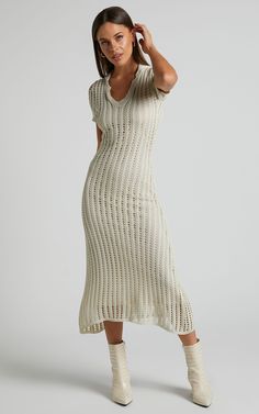 Jolie Midi Dress - Crochet Collared Short Sleeve Dress in Cream | Showpo USA Cream Dress Outfit Casual, Cream Fitted Boho Dress, Bump Outfits, Navy Blue Velvet Dress, India Trip, Crochet Summer Dresses, Color Pairs, Crochet Midi Dress, Spring Outfits Dresses