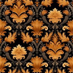 an orange and black wallpaper with floral designs on the backgrounnds