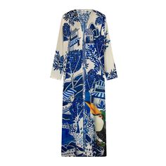 Indulge in the harmony of nature with enchanting blue and white kimono adorned with delicate tree and bird motifs . Crafted from sumptuously soft and high quality  light weight fabric, this kimono embraces you in a gentle embrace of comfort and elegance. This Kimono can be worn as beach cover up. or one can pair this kimono with short or denim pant and a simple tank top for a laid-back yet stylish daytime look. Alternatively, layer it over any dress for a playful twist on evening attire . this k Kimono With Shorts, Long Kimono Dress, Ceremonial Clothing, Simple Tank Tops, White Kimono, Dresses Xxl, Long Kimono, Bird Print, Kimono Dress