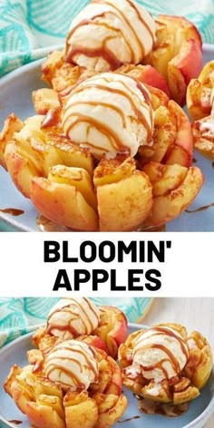 two pictures of apples with ice cream on top, and in the middle there is a plate full of apple slices