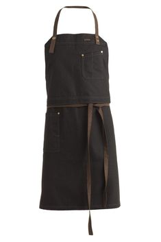 a black apron with brown straps