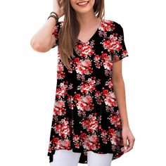 This short casual tunic top for women features a stylish V-neck design. The soft and lightweight fabric will make you feel fresh this summer. Embracing the floral trend, it emerges as one of the most popular styles in 2024.The short sleeves make it both dressy and casualyou can wear it for a date night or as a casual summer short-sleeve t-shirt. With its loose-fit style and stretchy soft material, this women's short sleeve summer top is the perfect match for your laid-back and easygoing summer o Tunic Tops For Leggings, Short Sleeve Tunic Tops, Floral Trends, Tunic Tops Casual, Popular Styles, Short Sleeve Tunic, Loose Blouse, Blouse Shirt, Casual T Shirt