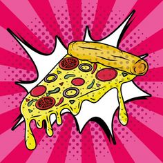 a slice of pizza with cheese and pepperoni on pink background, pop art style