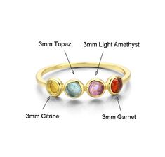 Dainty, minimalist, mult-color, multi natural 3mm, 4 different gemstones, gemstones:Amethyst, Garnet, Topaz, and Citrine, set in 14K gold plated over 925 sterling silver. 1mm band width. Multicolor Amethyst Birthstone Ring, Topaz And Citrine, Bloodstone Necklace, Chrysoprase Ring, Lapis Lazuli Pendant, Blue Band, Garnet Rings, Multi Stone, Birthstone Ring