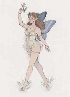 a drawing of a fairy holding a flower in one hand and a butterfly in the other