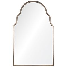 a large mirror with an arched frame and metal trimmings on the bottom half