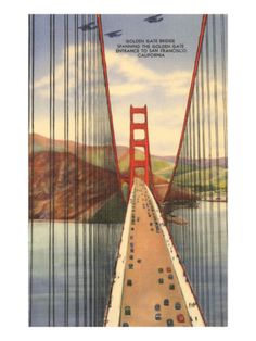 the golden gate bridge in san francisco, california is featured on this postcard with an image of birds flying over it