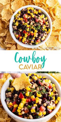 two bowls filled with black eyed peas and corn, next to the words cowboy caviar