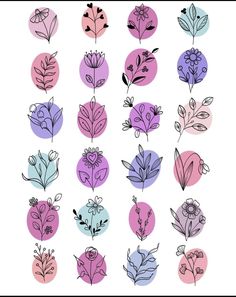 a bunch of flowers that are on top of a white surface with pink and blue circles