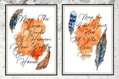 two watercolor feathers with words on them