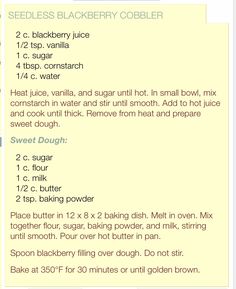 the recipe for seedless blackberry cobbler is shown in this screenshote screen shot