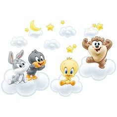 three cartoon animals sitting on top of clouds