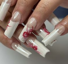 White Nails With Red Flowers, Thick Red French Tip, Red White Nail Art, Old School French Tip, Old School French Tip Nails, White French With Flowers, Nail Square Designs, White French Tips With Flowers, Red Flowers Nails