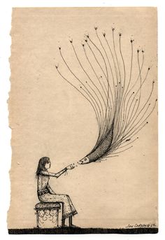 a drawing of a person sitting on a bench with a bunch of feathers flying above them