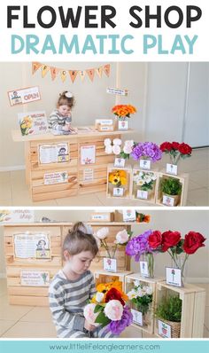 a child is playing with flowers in front of a flower shop and the words, how to plan a flower shop dramatic play