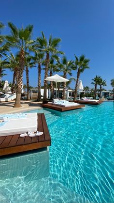 an outdoor swimming pool with lounge chairs and palm trees in the background on a sunny day