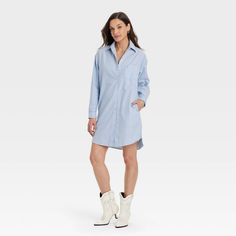 You'll be ready to take on off-duty days in cool style with this Long-Sleeve Mini Shirtdress from Universal Thread™. Made of lightweight cotton-linen fabric, the mini dress is tailored with a collared neckline featuring a full-length button placket down the front, long sleeves with buttoned cuffs, a box-pleat back yoke and a shirttail hem. A chest patch pocket and side pockets complete the look with functional flair. Keep it casual with sneakers, or dress things up a bit with your go-to accessor Spring Cotton Shirt Dress With Placket, Blue Cotton Shirt Dress With Pockets, Cotton Shirt Dress With Placket For Spring, Spring Cotton Shirt Dress With Pockets, Spring Cotton Knee-length Shirt Dress, Relaxed Fit Long Sleeve Casual Shirt Dress, Casual Long-sleeved Shirt Dress Relaxed Fit, Casual Long Sleeve Shirt Dress Relaxed Fit, Casual Shirt Dress With Shirttail Hem For Work