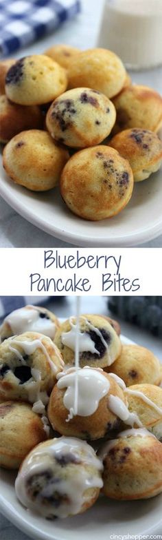 Blueberry Pancake Bites- bite sized pancake loaded with blueberries (or whichever mix-in your prefer). Place them in a cup and send the kiddos off to school with a warm, easy and tasty breakfast. Blueberry Pancake Bites, Blueberry Pancake, Pancake Bites, Blueberry Pancakes, Blueberry Recipes, Idee Pasto Sano, Breakfast Dishes, Bagels, Easy Breakfast