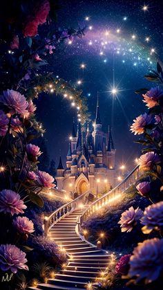 an image of a castle at night with flowers on the steps and stars in the sky