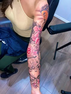 Full sleeve | Red ink | Color ink | Tattoo ideas | India Love Arm Tattoos, Leg Sleeves For Females Color, Red Half Sleeve Tattoo, Asethic Tattoo Ideas, Colorful Tattoos On Black Women, Sleeve Tattoos Baddie, Black And Red Sleeve Tattoo