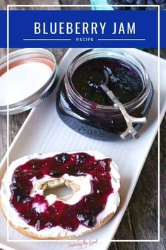 blueberry jam recipe with canning instructions on a white plate next to a jar of jam