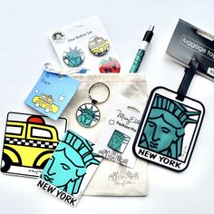 the new york city luggage tags are on display