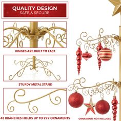 christmas ornaments are hanging from a pole with gold and red decorations on it, along with the words quality design safe & secure