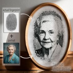 an old woman's fingerprint is being displayed in a wooden frame with the words, actual fingerprint and portrait