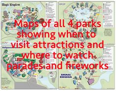 maps of all 4 parks showing when to visit attractions and where to watch parades and fireworks