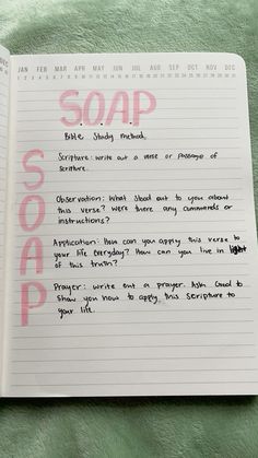 a notepad with writing on it that has soap written in pink and black ink